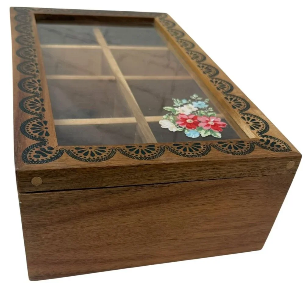 THE PIONEER WOMAN Wooden Tea Box Organizer Country Vintage Floral 8 Compartments - Picture 12 of 16